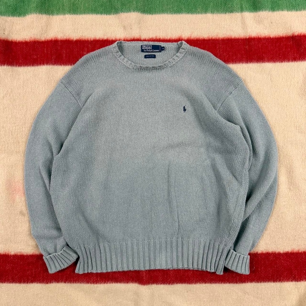Vintage 90s Polo Ralph Lauren Knit Cotton Sweater XL Blue Crewneck Pony Logo